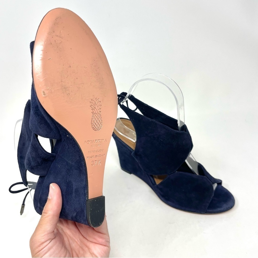 Aquazzura Iman Blue Suede Cutout Wedge Sandals Size 37.5 as seen Julianne Moore - Picture 10 of 13